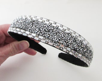 Crystal Headband, Jewelled Black and Silver Hairband, Black Crystal Embellished Head Piece, Sparkly Rhinestone Headband for Wedding