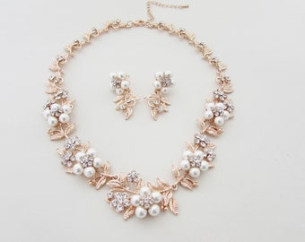 Rose Gold Necklace and Earrings for Wedding Day, Matching Jewellery Set for Bride, Mother of the Bride Jewellery Set, Bridal Jewellery Set