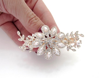 Rose Gold Bridal Hair Barrette: Crystal Pearl Floral Hair Clip, Wedding