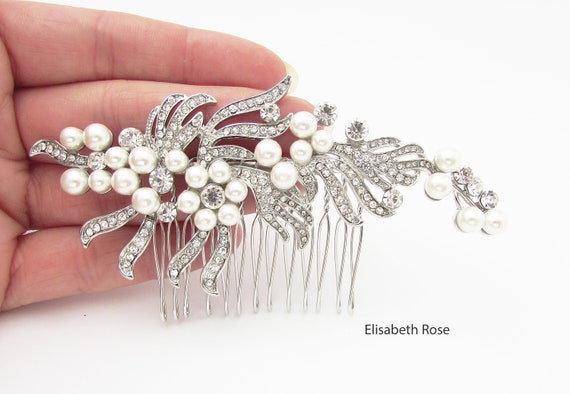 Bridal Hair Comb Rhinestone Faux Pearl Floral Silver White Wedding Comb Silver Floral Bridal Hair Comb: Rhinestone Pearl Wedding  main image 4