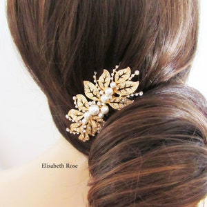 Gold Rhinestone and White Pearl Bridal Hair Comb, Leaf Design Hair Comb for Wedding, Bridal Hair Comb, Wedding Hair Piece, Gold Hair Comb