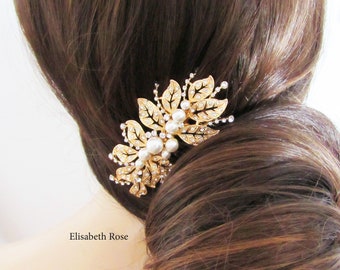 Gold Rhinestone and White Pearl Bridal Hair Comb, Leaf Design Hair Comb for Wedding, Bridal Hair Comb, Wedding Hair Piece, Gold Hair Comb