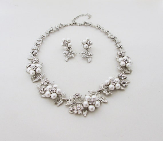 Crystal Pearl Floral Wedding Jewelry Set: Necklace & Earrings, Mother of the Bride Necklace