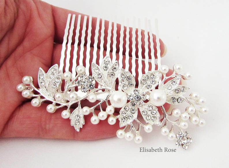 Decorative Silver Wedding Hair Comb, Crystal and Pearl Hair Comb for Wedding, Silver Bridal Hair Comb, Wedding Day Hair Comb, Hair Jewelry image 5
