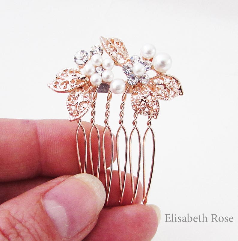 Small Rose Gold and White Pearl Hair Pin, Rose Gold Hair Comb for Wedding, Bridal Pearl Hair Comb, Small Rose Gold Hair Pins for Bridemaids image 3