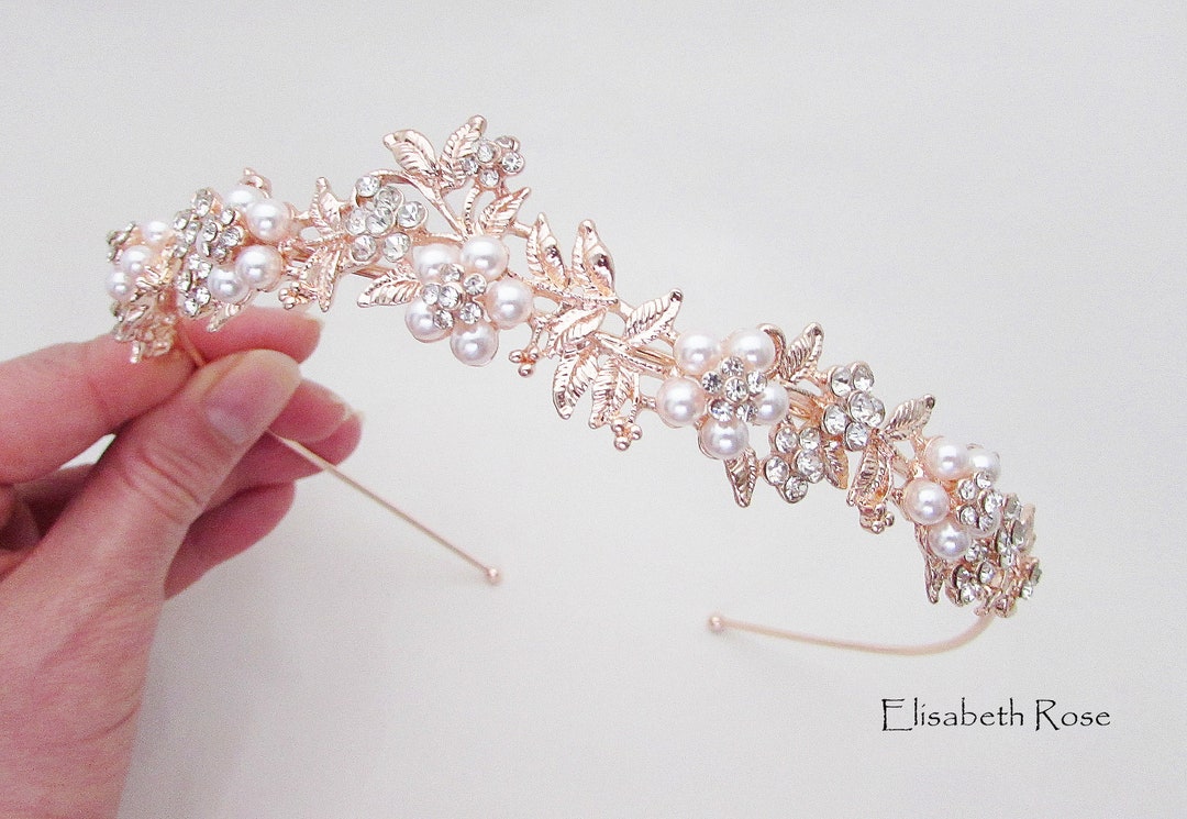 Rose Gold Wedding Hairband: Pearl & Crystal Floral Bridal  display picture 2
