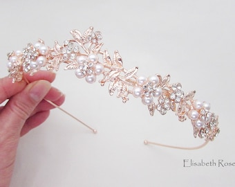 Rose Gold Pearl Wedding Hairband, Crystal and Pearl Embellished Hairband for Wedding, Rose Gold Bridal Headband, Wedding Day Hairband