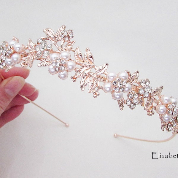 Bandeau de mariage en or rose, bracelet de cristal et de perle embelli pour le mariage, bandeau de mariée en or rose, bandeau de coiffure du jour du mariage