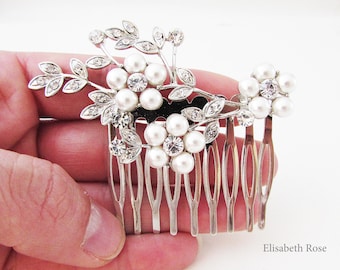 Silver Crystal and Pearl Wedding Hair Comb: Floral Bridal Jewelry