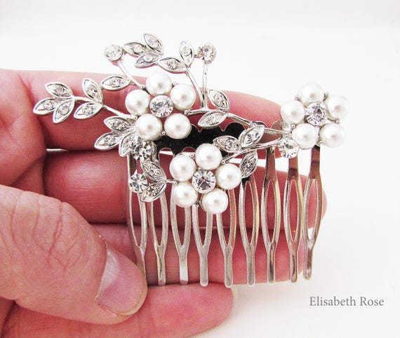 Silver Crystal and Pearl Wedding Hair Comb: Floral Bridal  display picture 1