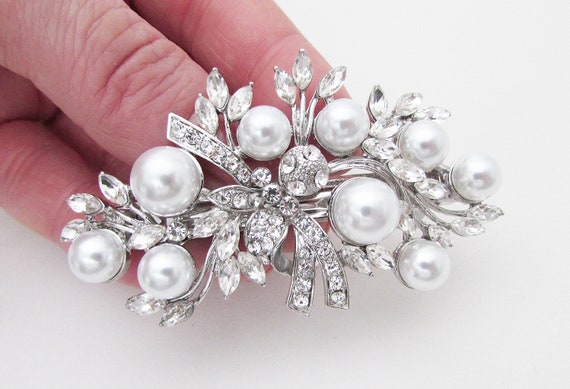 Crystal Pearl Bridal Hair Barrette: Wedding Hair Clip - Etsy