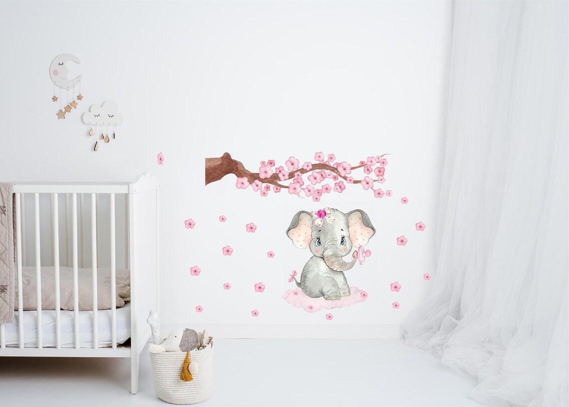 Pink Elephant wall decal nursery decor baby room floral girls Etsy