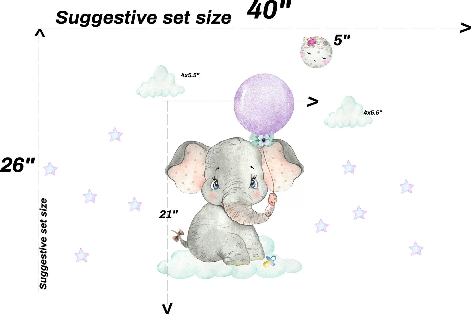 Baby elephant wall decal nursery stickers decor moon cloud Etsy