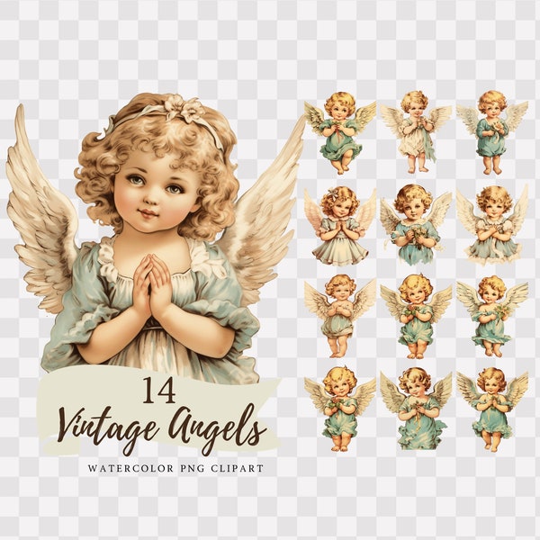 14 PNG Junk Journal Vintage Angel Clipart Bundle, Christmas Angels, Commercial Use,Paper Craft,Scrapbook, Download