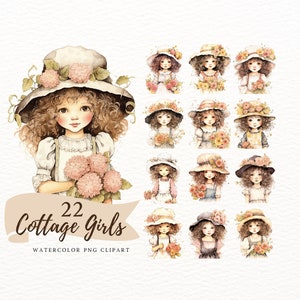 22 PNG Junk Journal Cottage Girls Clipart, Vintage Girls, pacote aquarela png, estilo romântico, álbum de recortes, papel digital