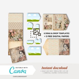 Canva Template Drag and Drop, Junk Journal Folio Templates Tasche Template Busta Template Tag Template Etichette Schede Modificabili con Canva
