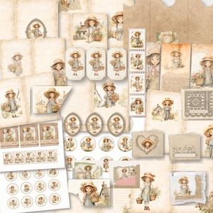 Junk-Journal KIT, Cottage Girls, digitales Papier, druckbares Vintage-Tagebuch, Shabby Chic, Ephemera, Tags Etiketten, Karten, Junk-Journal Zubehör