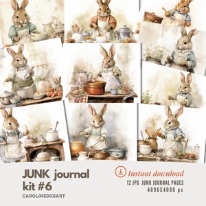 12 PÁGINAS de coelho imprimíveis Coelhinhos | Conjunto de papel digital para diários de lixo, esboço vintage e aquarela, coelho chique gasto, coelho de cozinha