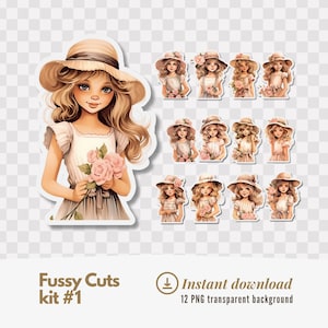 12 PNG Junk Journal Cottage Girls Clipart Adesivos Vintage Girls Aquarela png Pacote Estilo Romântico, Papel Digital para Scrapbooking