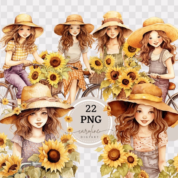 22 PNG Whimsical Watercolor Image Bundle, Beautiful Girls, Vintage Girls, girl on bike, Sunflowers, Digital Paper, Digital Prints