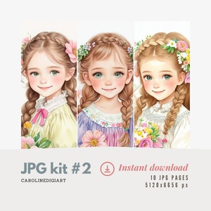 10 JPG Papel Digital, Chicas Vintage, Romántico, Shabby chic, Scrapbooking, Chica Cottage, Acuarela Caprichosa, Diario Basura Set 2