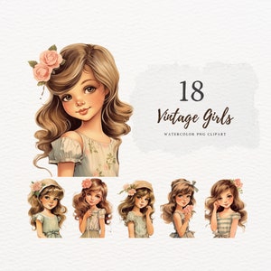 Clipart de meninas vintage, diário de lixo, clipart de meninas vintage, meninas em aquarela, pacote, estilo romântico, scrapbooking, download digital