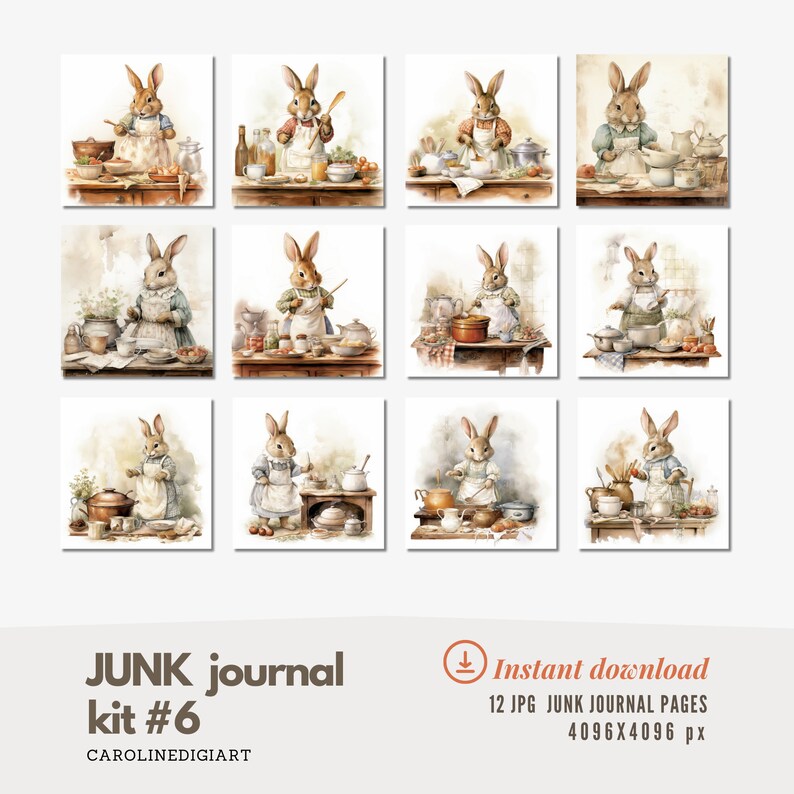 Bunnies Digital Paper Set for Junk Journals, Vintage Sketch and ...