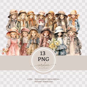 13 PNG Junk Journal, Cottage Girls Clipart, Vintage Girls, Watercolor png Bundle, Romantic Style, Scrapbooking, Digital Paper