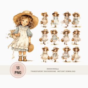 13 PNG Junk Journal, Cottage Girls Clipart, Vintage Girls, Paquete png de acuarela, Estilo romántico, Scrapbooking, Papel digital