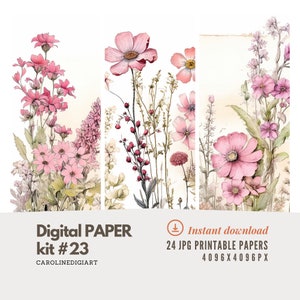 Set di carta digitale pastorale di fiori di campo Cottage Boho Pagine di diario spazzatura Pacchetto Carte vintage Scrapbooking botanico Uso commerciale KIT n. 23