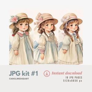 Paquete de imágenes de acuarela caprichosa, chicas hermosas, chicas vintage, estilo romántico, chicas con ropa vieja, Scrapbooking, papel digital