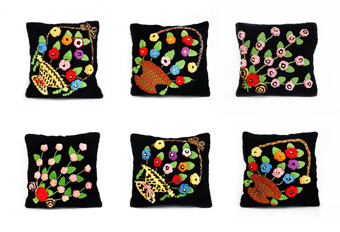 Hand Embroidered Flower Decorative Wool Yarn Pillow Cover Etsy