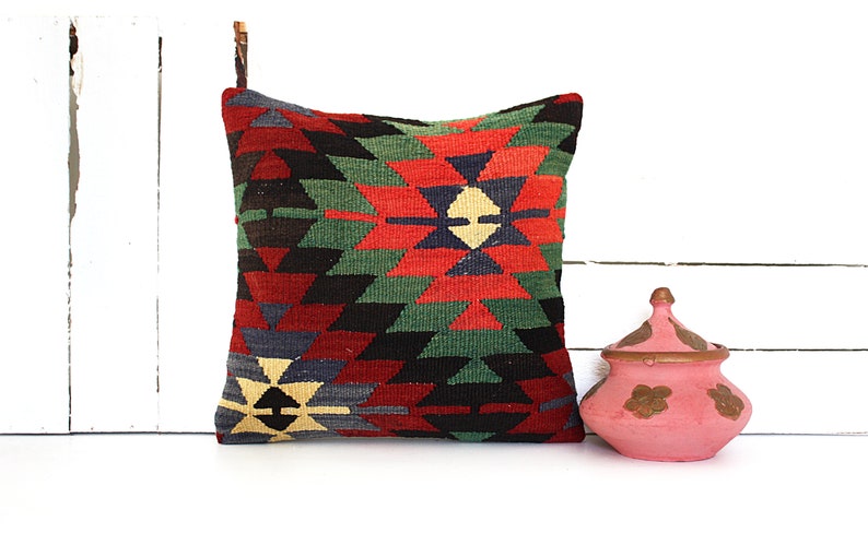 Boho Sham Cover Handmade Kilim Cushion Cover 16x16 Vintage Kilim Pillow Handwoven Turkish Kilim Pillow Sofa Throw Pillow Home Decor