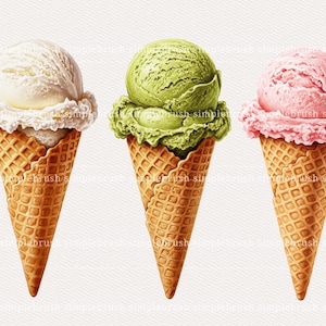 Ice cream clipart, summer dessert PNG, watercolour ice cream, pastel ice cream, ice cream cone PNG, summer sweets art,cute ice cream clipart