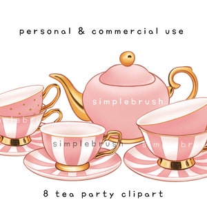 Tea Party Clipart, Teetassen Clipart, Teekanne Clipart, Teetassen Clipart, rosa Teetassen Clipart, einfache Teetassen, niedliche Teetassen, niedliche Teekannen, Glasur