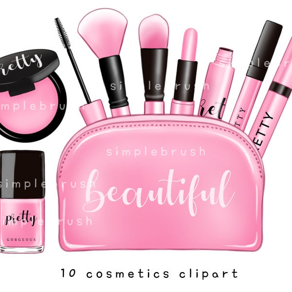 Makeup clipart, cosmetics clipart, pink cosmetics clipart, makeup illustration, cosmetics illustration, lipstick, makeup brushes, beauty