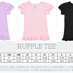 May include: A size chart for ruffle tees in various colors, including lavender, pink, and black. The chart shows chest width and length measurements in inches for sizes 6M to 12.