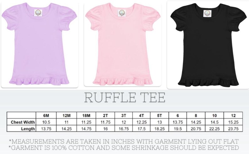 May include: A size chart for ruffle tees in various colors, including lavender, pink, and black. The chart shows chest width and length measurements in inches for sizes 6M to 12.