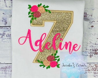 Golden 7th birthday shirt, Gold glitter, Floral birthday shirt, Flower, Roses, Hot pink name , Personalized applique shirt