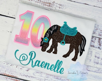 Camisa de cumpleaños de niña de 10 años con bahía, caballo marrón, camisa de cumpleaños con caballo y silla de montar, 4º, 6ª camisa de cumpleaños de 7º caballo, caballo bordado