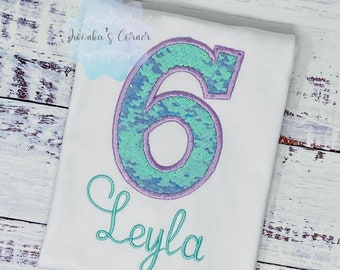 Girls 6th shirt with pastel mint, light purple sequins number, Mermaid Birthday Party shirt, Any age
