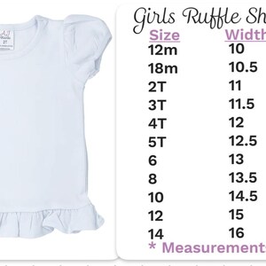 May include: A white ruffle shirt with short sleeves and a size chart showing measurements in inches for sizes 12m to 14.