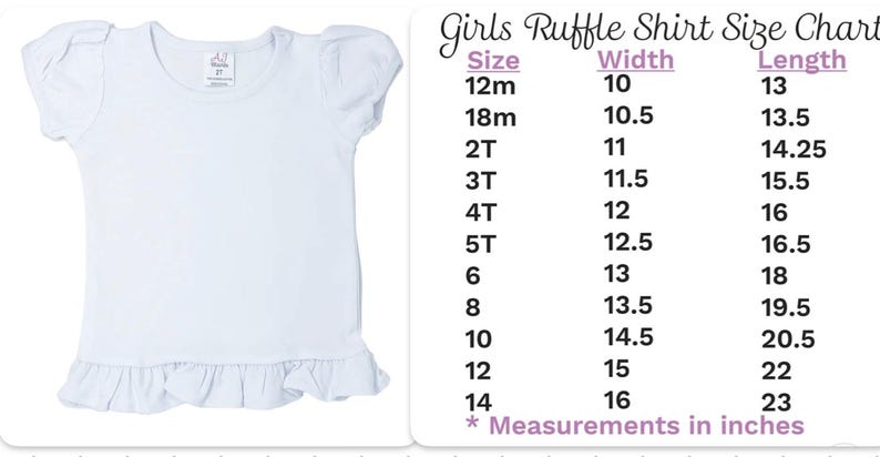 May include: A white ruffle shirt with short sleeves and a size chart showing measurements in inches for sizes 12m to 14.