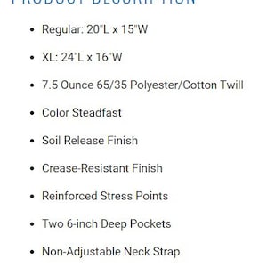 May include: Product description for a work shirt. The shirt is made of a 7.5 ounce 65/35 polyester/cotton twill blend. It is available in regular and XL sizes. The shirt features a soil release finish, crease-resistant finish, reinforced stress points, two 6-inch deep pockets, and a non-adjustable neck strap. The shirt is made in the USA.