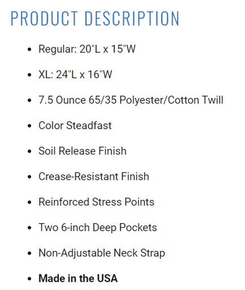 May include: Product description for a work shirt. The shirt is made of a 7.5 ounce 65/35 polyester/cotton twill blend. It is available in regular and XL sizes. The shirt features a soil release finish, crease-resistant finish, reinforced stress points, two 6-inch deep pockets, and a non-adjustable neck strap. The shirt is made in the USA.