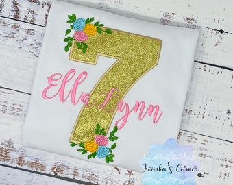 Girl 7th birthday Floral shirt, Girl Shirt With Roses, Floral birthday shirt, Birthday Roses, Pink Name, Embroidery Applique shirt