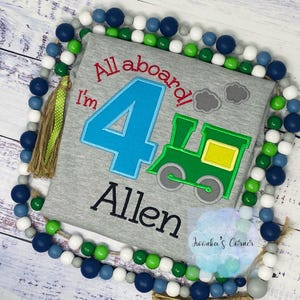 Boy 4th birthday boys T-shirt with train, All aboard ! I’m 4, Green train embroidery, Boy Choo Choo T-shirt