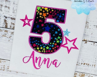 Girl 5th birthday shirt with colorful star number, Embroidery applique You are a star shirt