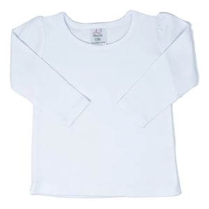 May include: White long-sleeve shirt with a round neckline. The shirt has a small tag with the text "AJ Blanks 12M 100% Combed Cotton" on the front.