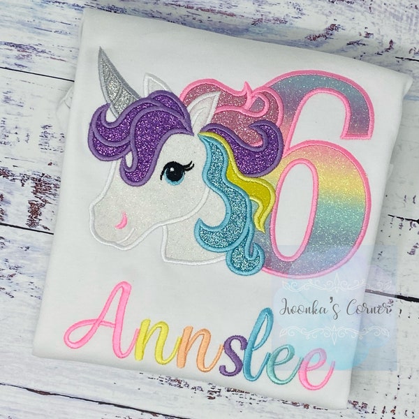 6th Birthday Pastel Unicorn Shirt, Girl Rainbow Pastel Unicorn Birthday, Rainbow Unicorn outfit, Unicorn embroidery, Any Age